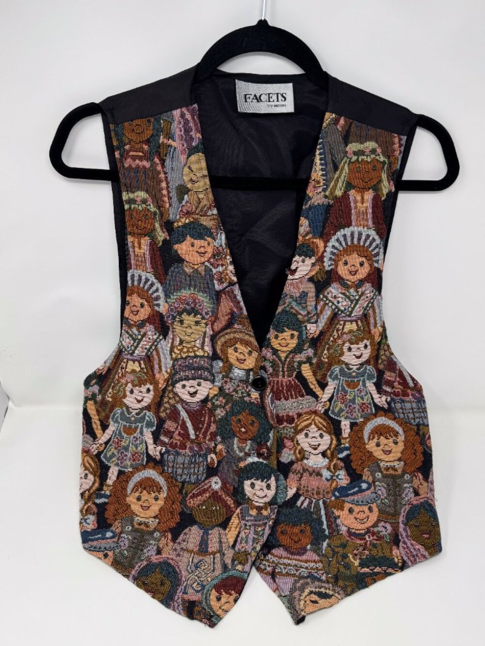 Vintage Facets by Mirrors Folk Doll Tapestry Vest Novelty Art Unisex S/M